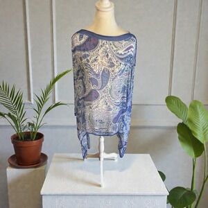 J Jill Paisley X3X Kimono Cover Up Poncho Blue White Viscose Modal Blend